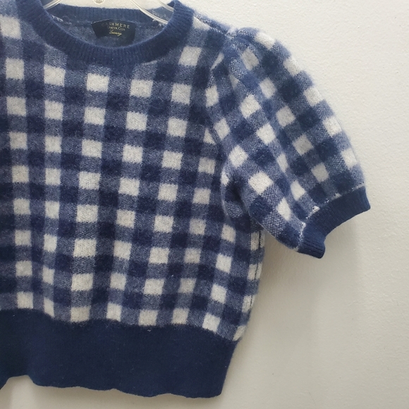 100% Cashmere Plaid Puff Short Sleeve Sweater Fuzzy Soft  Size L - Picture 4 of 12